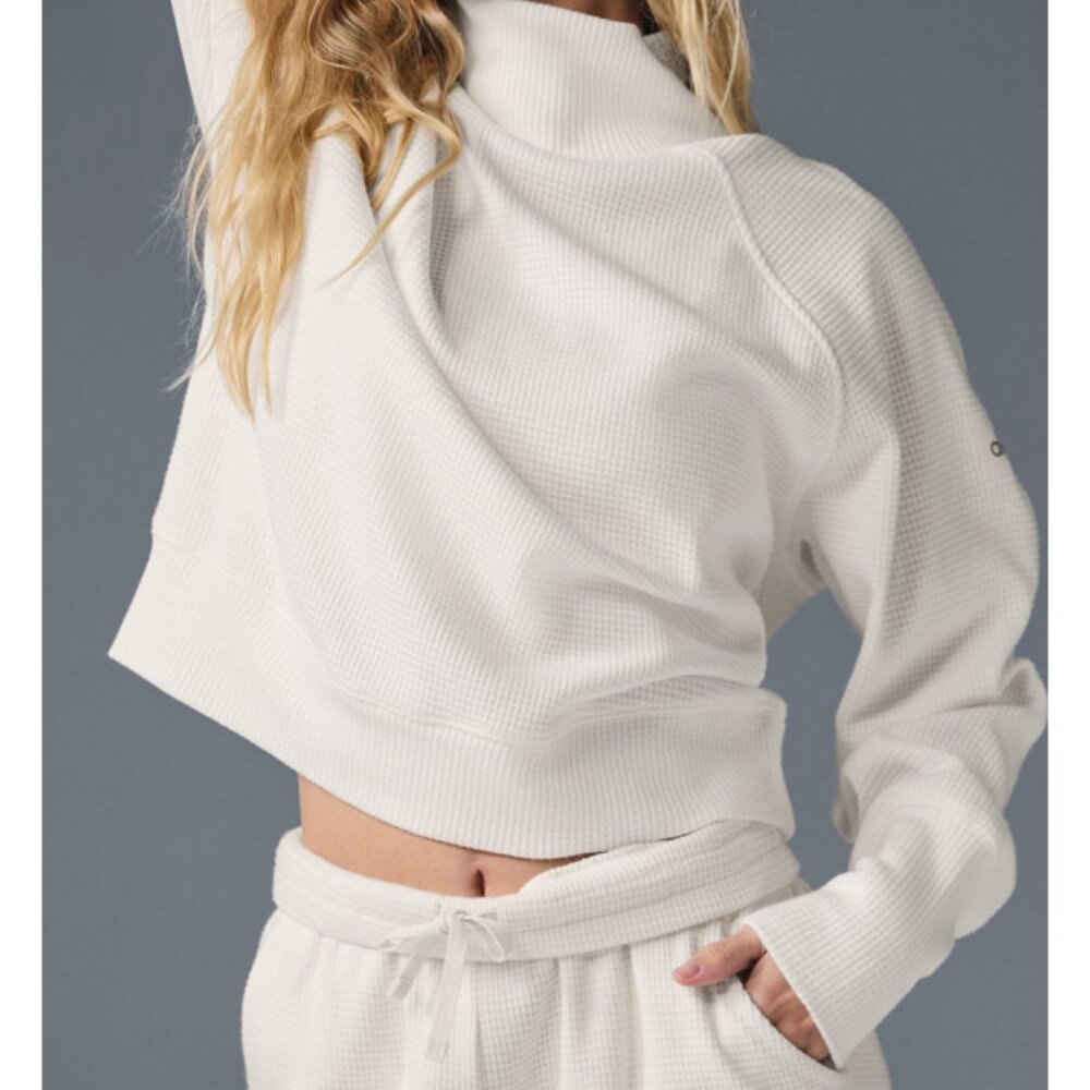 Alo Weekend Escape Mock Neck Long Sleeve Ivory Waffle Thermal Turtleneck Sweater - Picture 5 of 16
